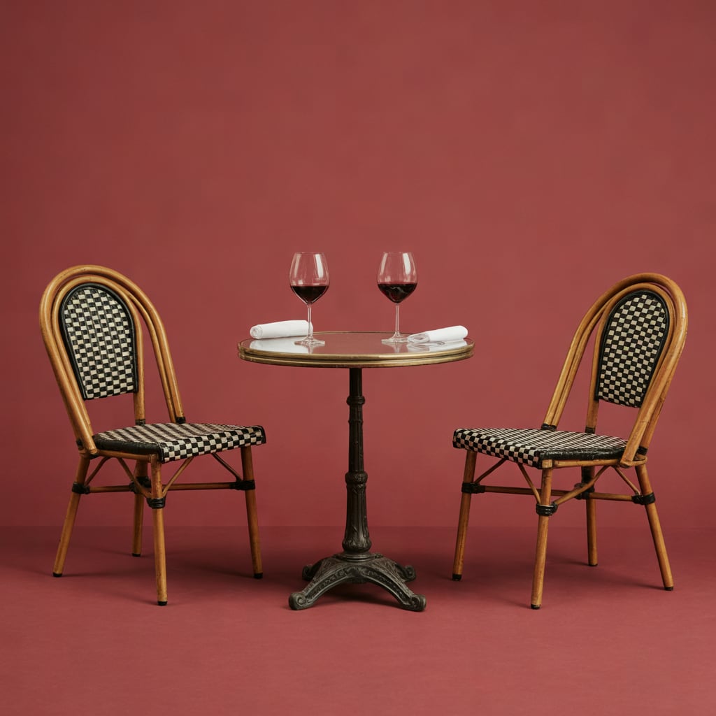 A small bistro table for two on a city sidewalk at dusk, two half-finished glasses of red wine, a folded napkin and a ma