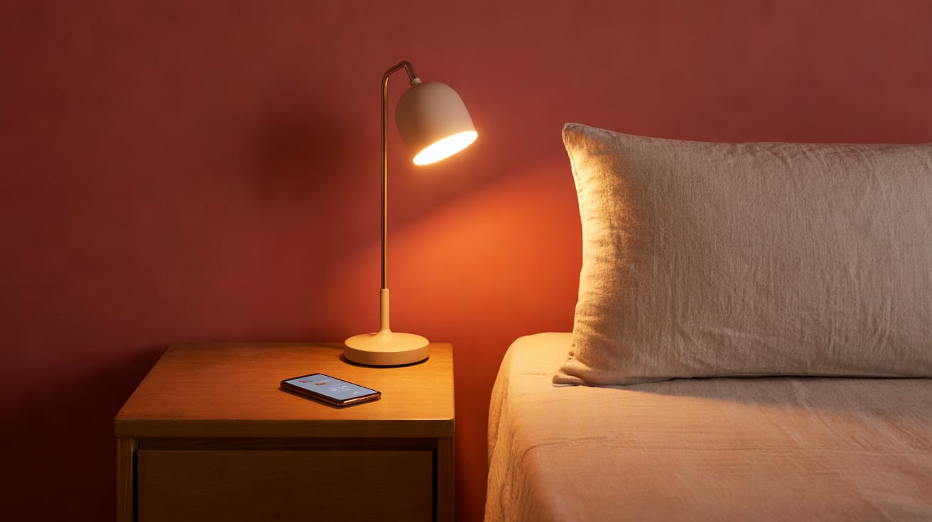 A quiet bedroom corner at evening, a small bedside lamp casting warm light over a neatly made linen-covered bed and a sm